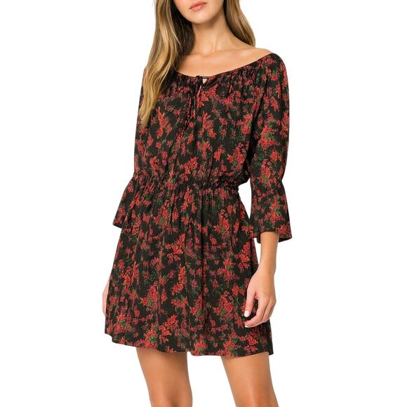 Jack By BB Dakota Black Red Floral Print Tie Front Bell Sleeve Dress Medium - Picture 1 of 5